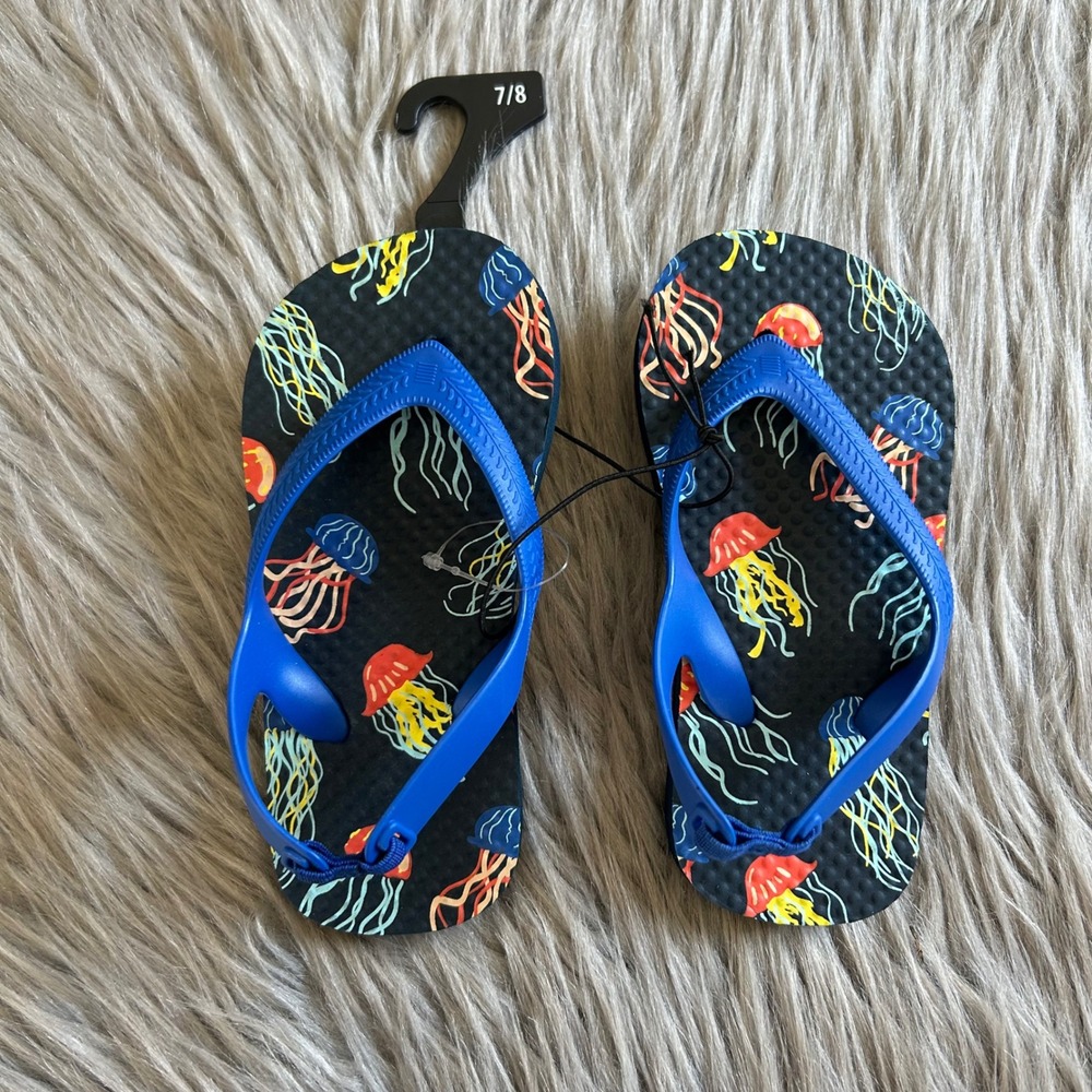 Wonder Nation Flip Flops Toddler Boys Size 7-8 Blue Jellyfish Sandals Shoes